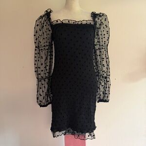 Black Polka Dot Sheer-Sleeve Smocked Mini Dress